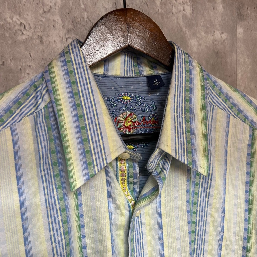 Robert Graham Mens LT Large Tall Striped Jacquard Button Down Shirt Multi READ